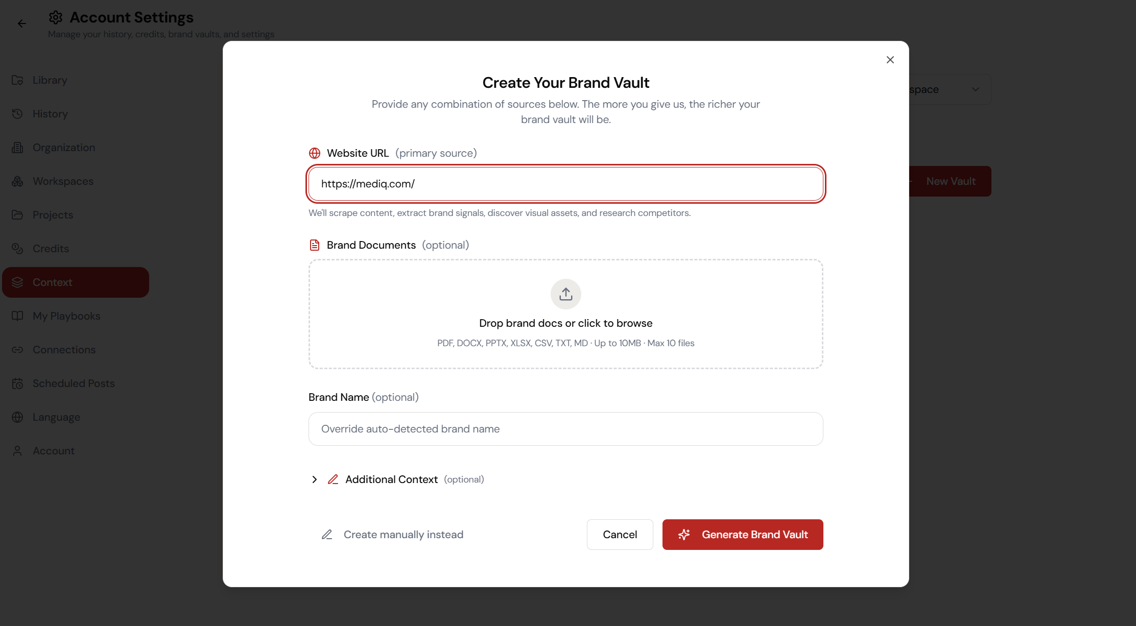 Create Your Brand Vault — one URL, the system reads everything