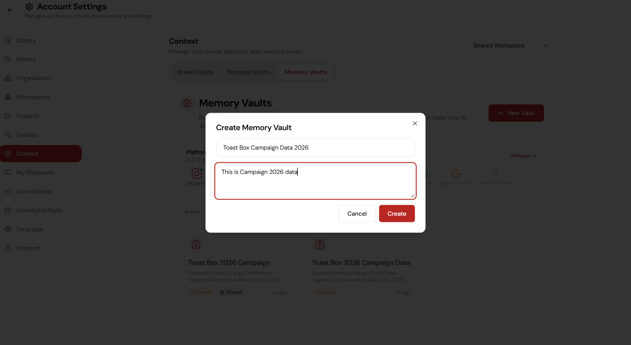 Memory Vault — projects, campaigns, ongoing context