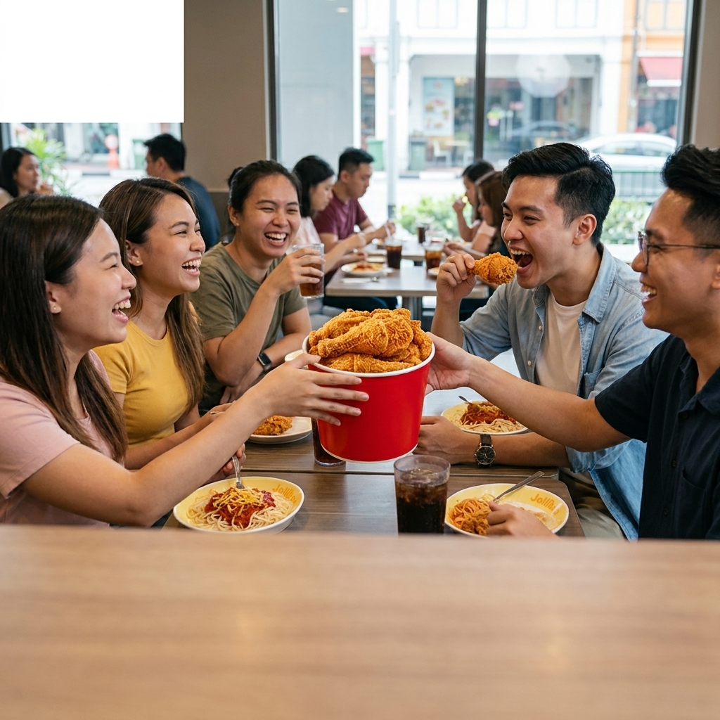 Five friends passing a red bucket of fried chicken across a table
