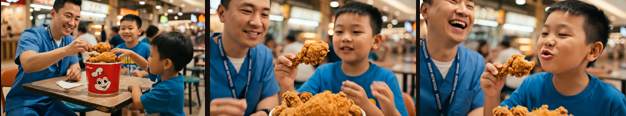 Three frames of a father and son sharing fried chicken