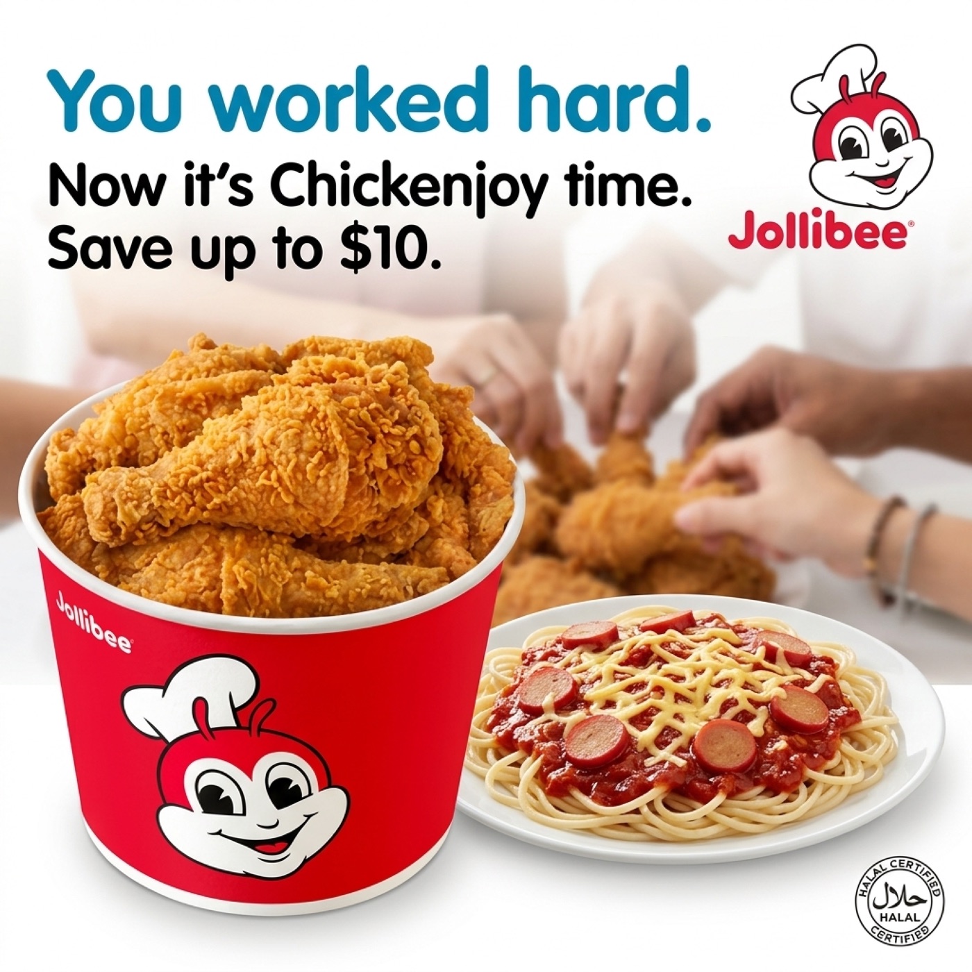 Chickenjoy Payday key visual: You worked hard. Now it's Chickenjoy time. Save up to $10.