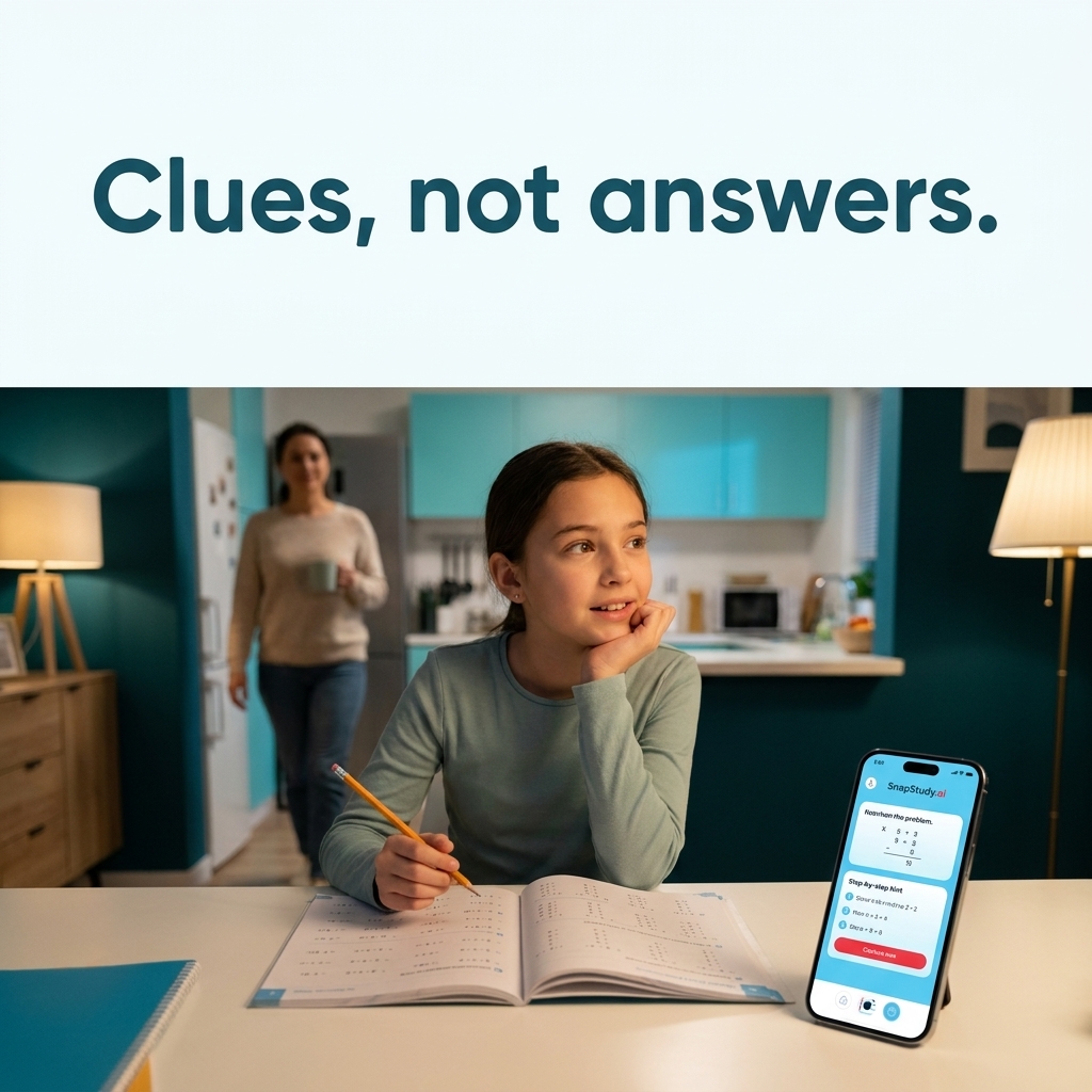 A student working a problem at a kitchen table at 9pm while a parent steps away