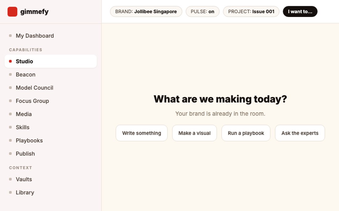 The gimmefy platform: every capability down the left, brand context along the top