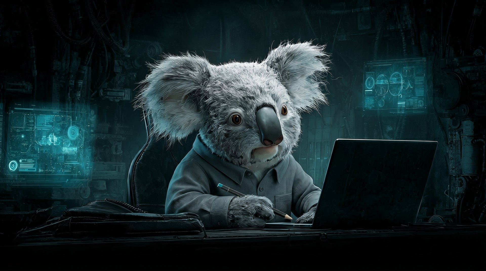 Koala in a shirt at a desk with two monitors