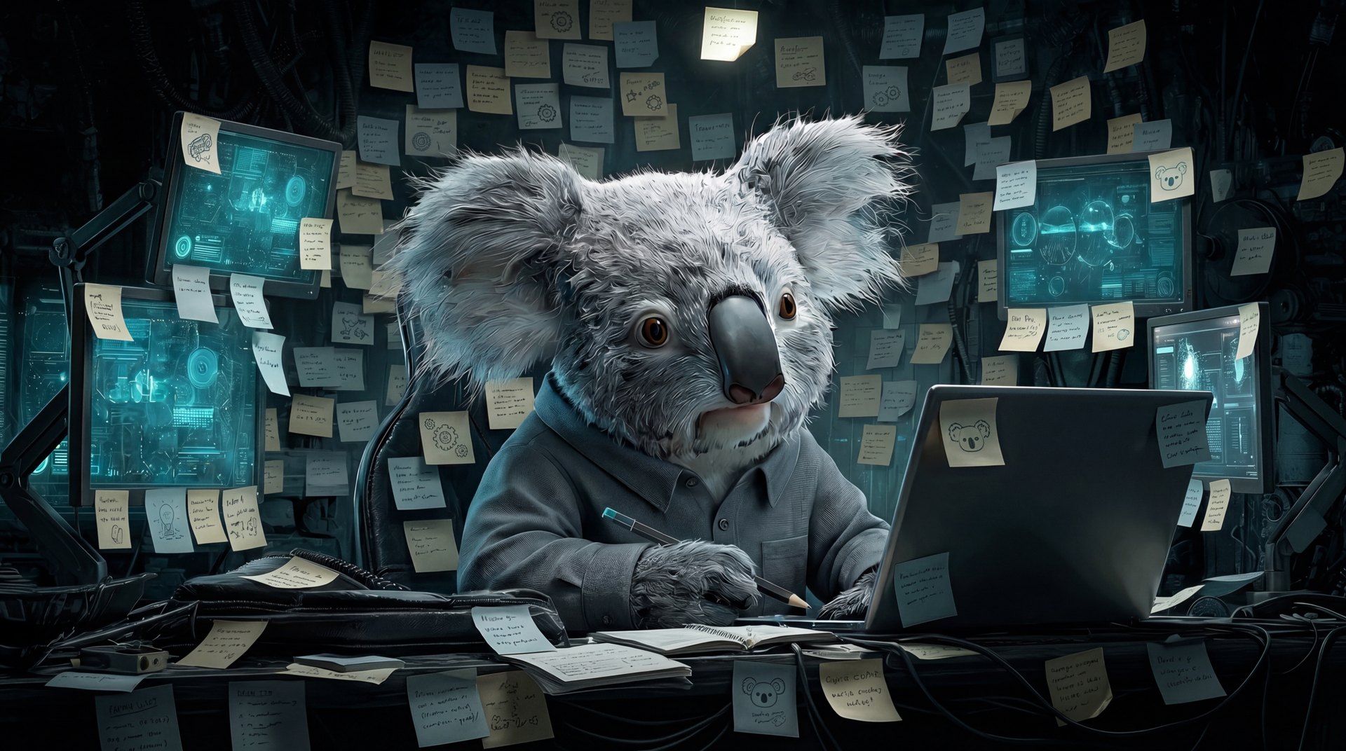 A koala surrounded by monitors and sticky notes