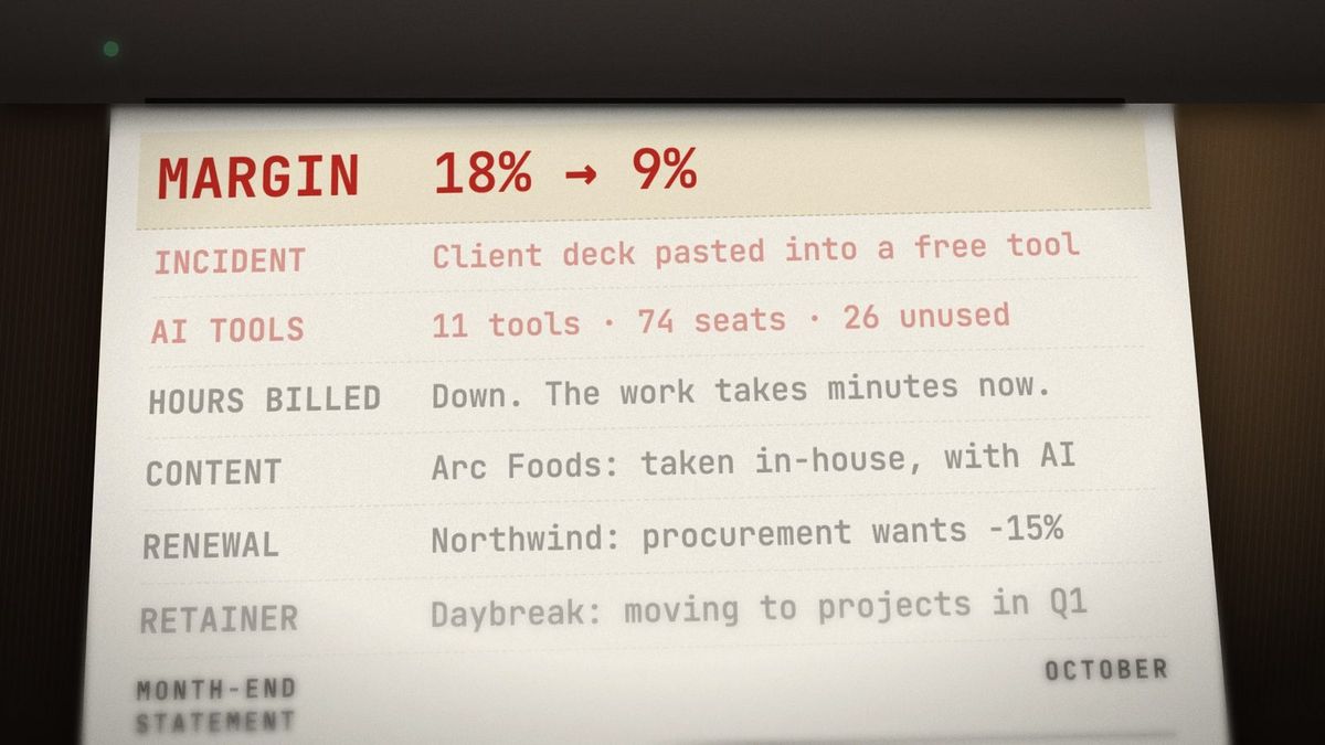 The month-end statement printing at night: retainer moving to projects, renewal at minus 15 percent, content taken in-house, 26 unused AI seats, margin from 18 to 9 percent